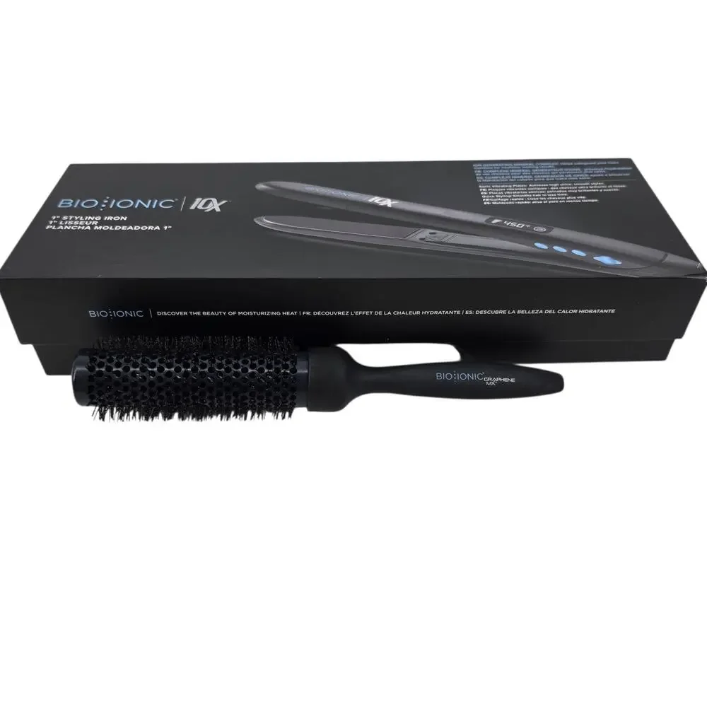 Bio Ionic 10X 1” Ceramic Pro Hair Styling Iron Hair W/ Graphene MX Round Brush